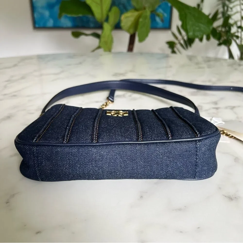 NWT Tory Burch Kira Denim Mini Quilted Crossbody Shoulder Bag Gold Navy Blue